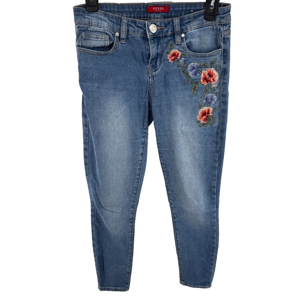 Guess Los Angeles Floral Embroidered Skinny Jeans Medium Wash Blue Size 27x27